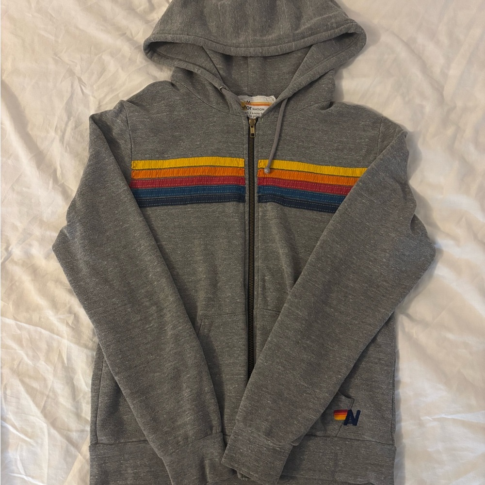 Aviator Nation Gray Zip-Up Hoodie with Colorful Stripes